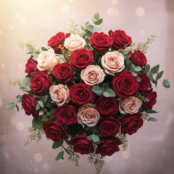 Bouquet of red and blush roses with eucalyptus