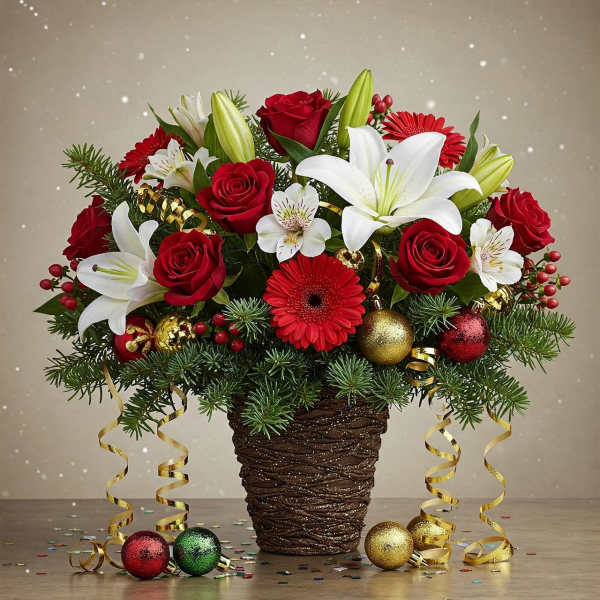 Christmas bouquet of red roses and white lilies in a woven vase