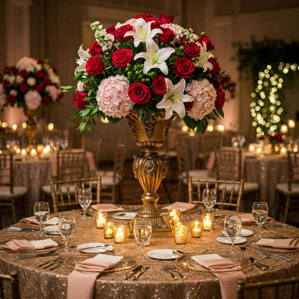 Tall centerpiece of red roses and white lilies in a gold urn