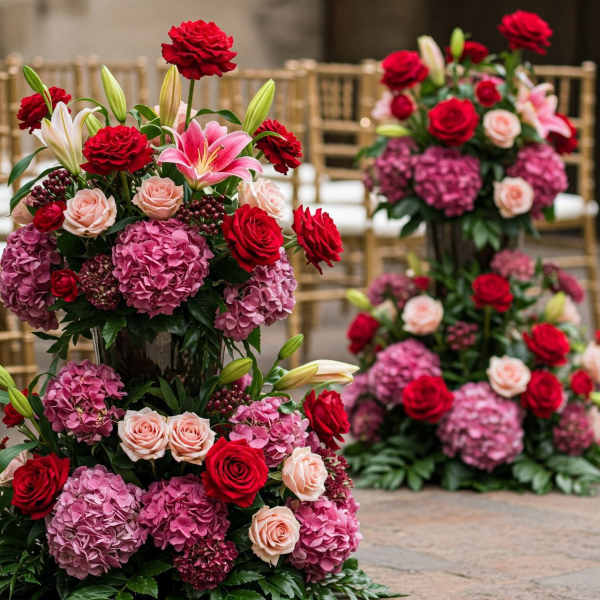 Tiered floral arrangement with red roses, pink lilies, and hydrangeas