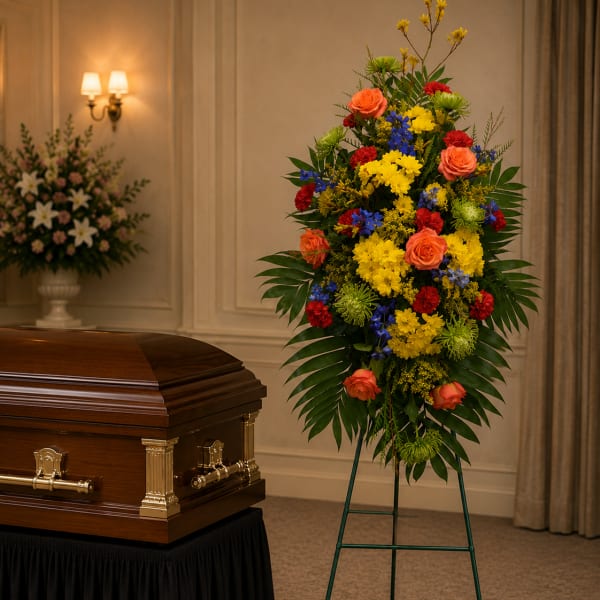 Standing funeral spray with colorful flowers beside a casket