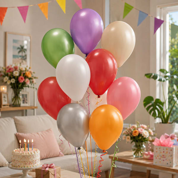 Cluster of colorful balloons in a decorated living room with a birthday cake and gifts