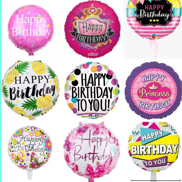 Assorted birthday balloons with colorful printed designs and messages.