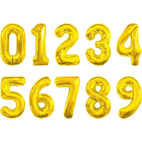 Gold number balloons arranged in two rows on a white background