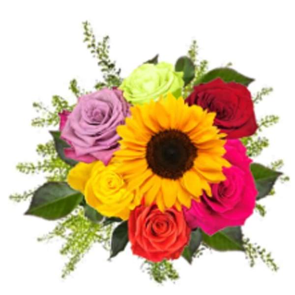 Bouquet of multicolored roses with a sunflower