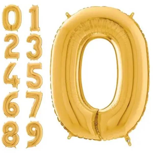 Gold number balloons from 0 to 9, with a large zero balloon shown