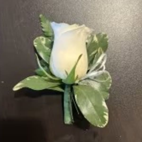 White rose boutonniere with green leaves