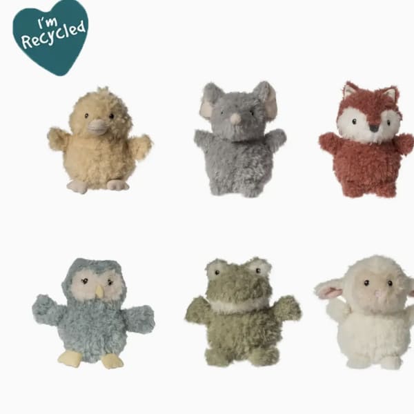 Six small plush animal toys arranged on a white background