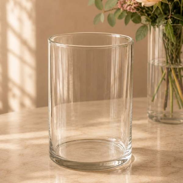 Clear cylindrical glass vase on a tabletop