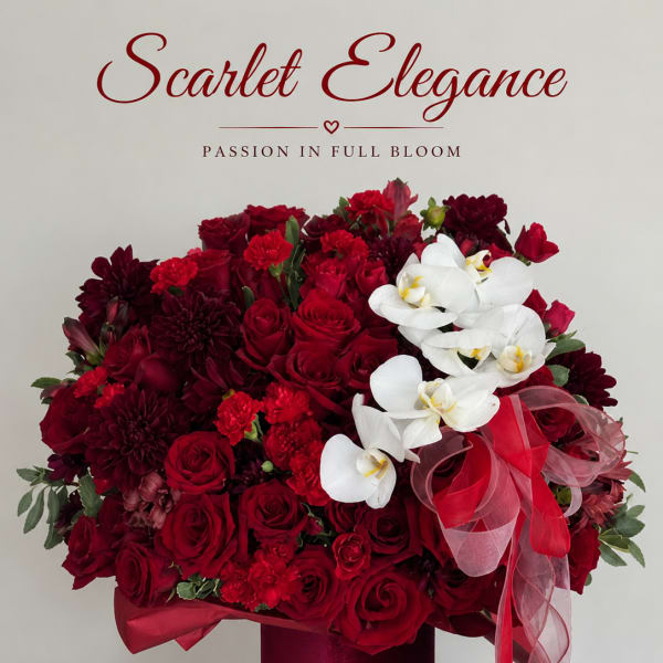 Red rose and orchid arrangement in a burgundy hat box with ribbon