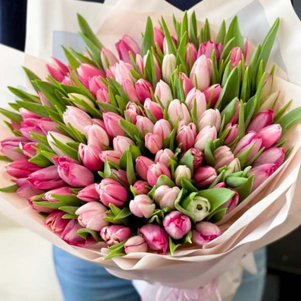 Large bouquet of pink tulips wrapped in pale paper