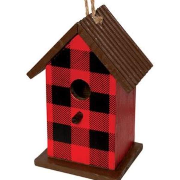 Red and black plaid wooden birdhouse with a rope hanger