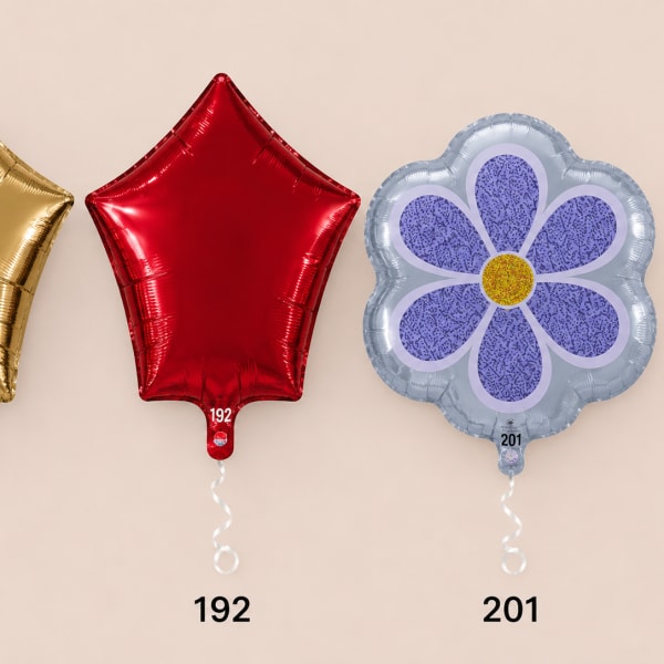 Three foil balloons: gold star, red star, and a purple flower shape.