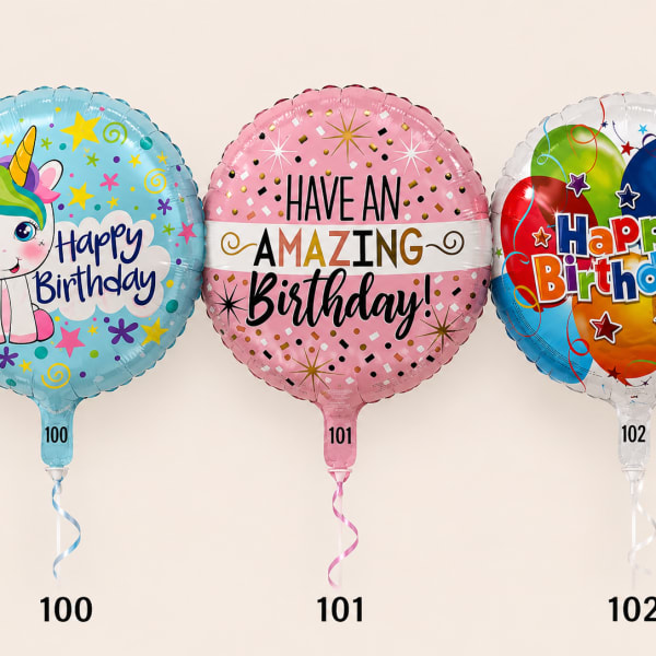 Three birthday balloons with unicorn and birthday messages