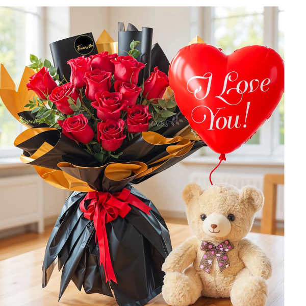 Red rose bouquet with a heart-shaped balloon and teddy bear