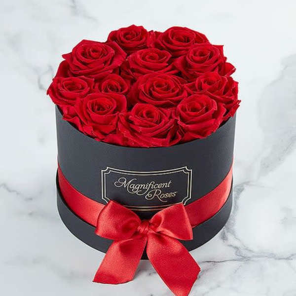 Red roses arranged in a black round box with a red ribbon bow