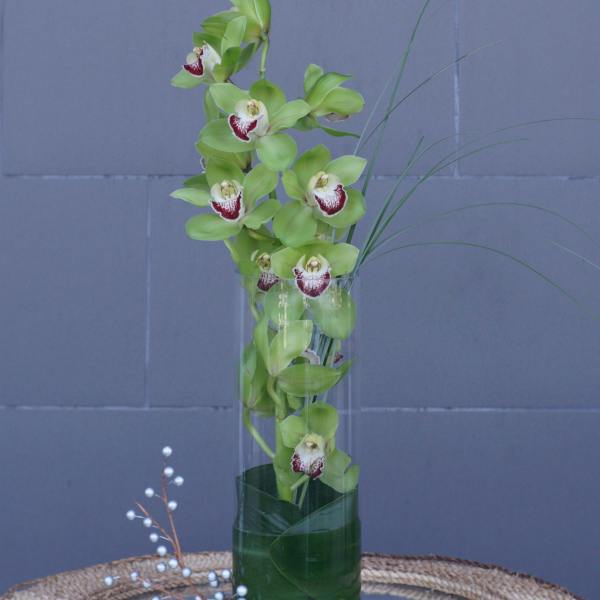 Green orchids arranged in a tall glass vase with decorative berries