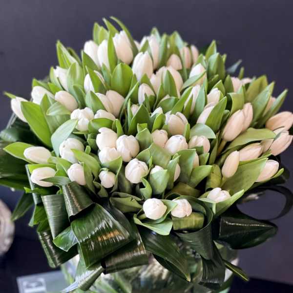 Bouquet of white tulips with broad green leaves in a glass vase