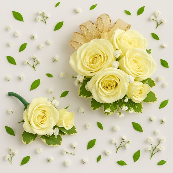 Cream roses with baby’s breath and a gold ribbon bow