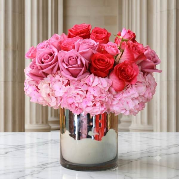 Pink and red roses arranged in a mirrored vase