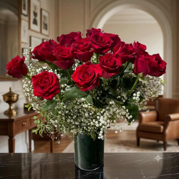 Red roses arranged in a dark glass vase with white baby's breath