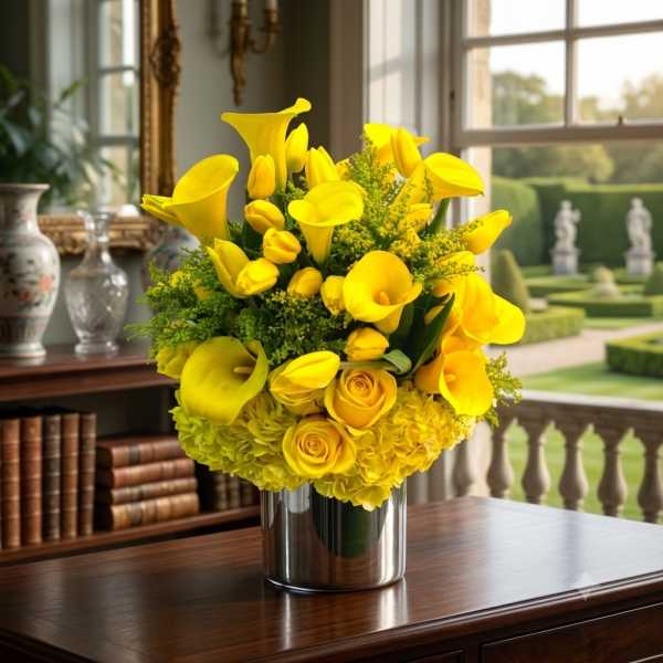 Yellow calla lilies and roses arranged in a silver vase