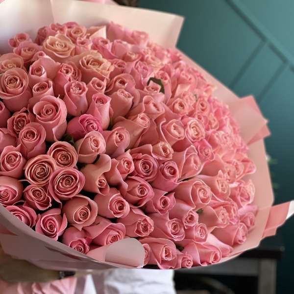 Large bouquet of pink roses wrapped in pale pink paper