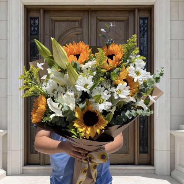 Sunflower & Casablanca Lily Hand Wrapped Bouquet