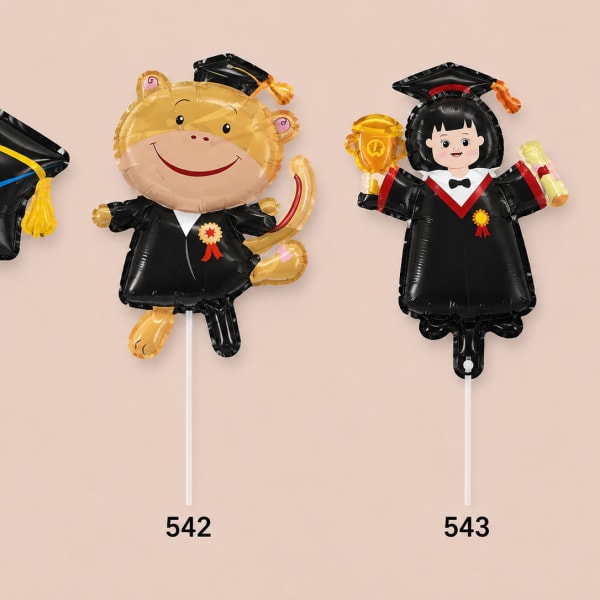 Three graduation-themed foil balloons on sticks, including a cap and two character balloons.
