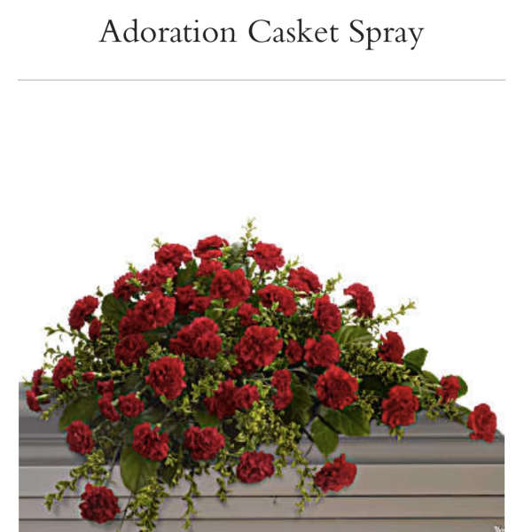 Red casket spray with carnations and greenery