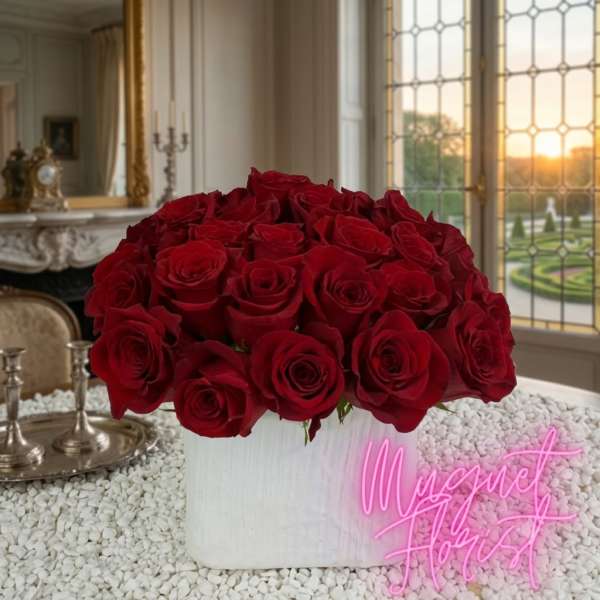 Red roses arranged in a white rectangular vase