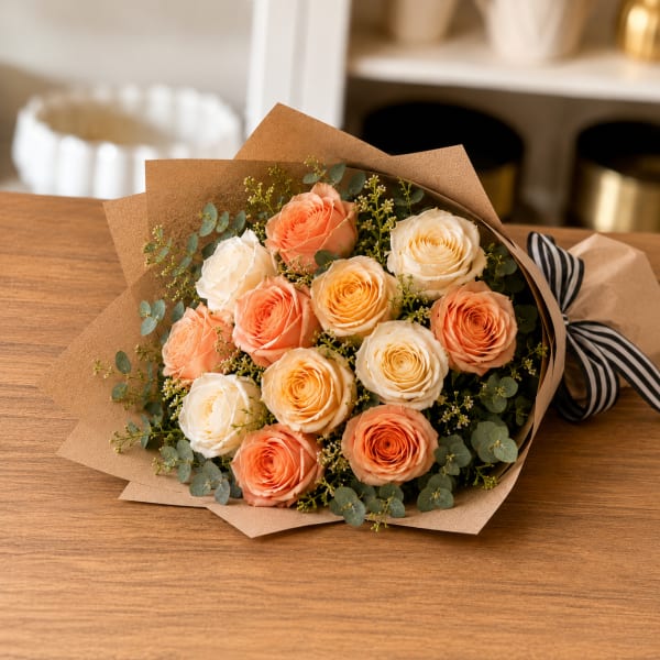 Peaches and Cream – Peach & Ivory Rose Bouquet (Same-Day Flower Delivery Los Angeles)