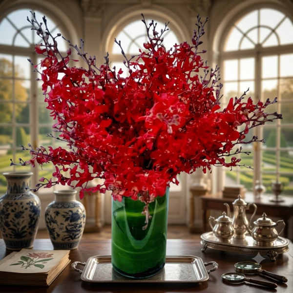 Red orchid arrangement in a green glass vase on a tray