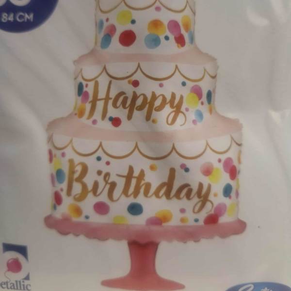 Birthday cake balloon with candles and colorful confetti dots