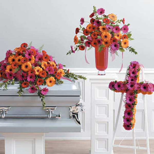 Gerber Daisy Casket Spray, Arrangement and Cross