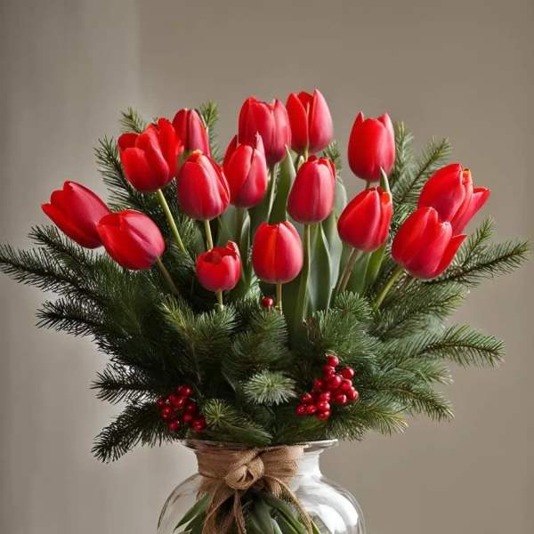 Red tulips arranged in a clear glass vase with evergreen branches and berries
