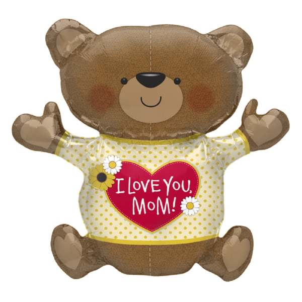 Teddy bear-shaped balloon wearing a shirt that says I Love You, Mom!