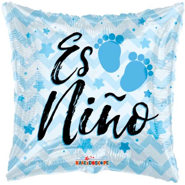 Blue baby shower balloon with footprints and "Es Niño" text