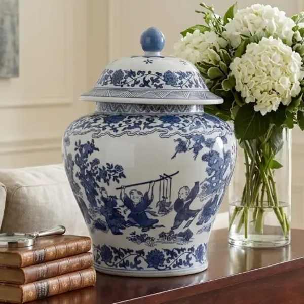 Decorative Jar - Blue Ceramic Blossoms Temple, 15 in.