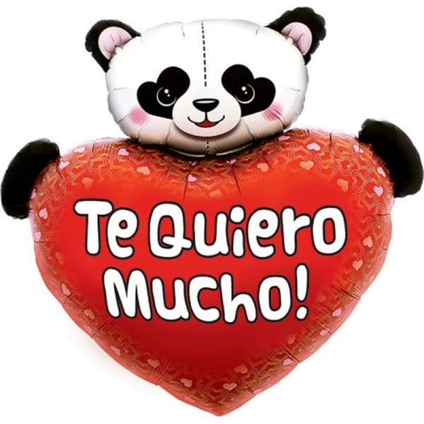 Panda-shaped heart balloon with the words "Te Quiero Mucho!"