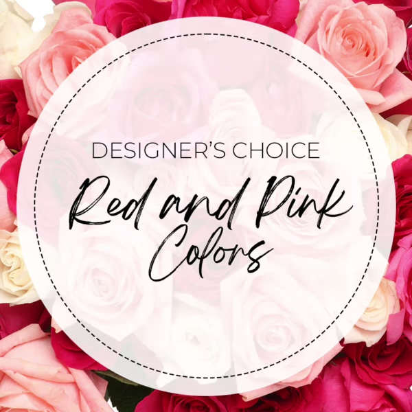 Pink and red roses arranged around a circular label
