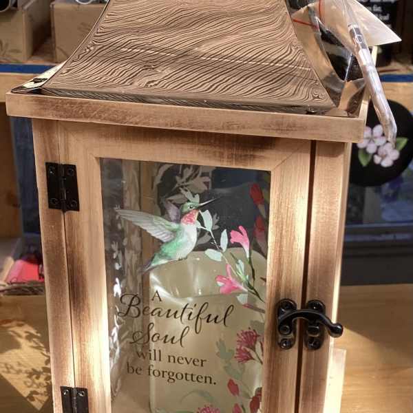 Wooden memorial lantern with a hummingbird and sympathy message