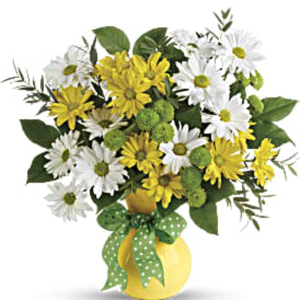 Yellow and white daisy bouquet in a yellow vase with a green polka-dot ribbon