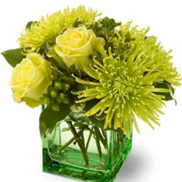 Yellow roses and green spider mums in a green glass vase