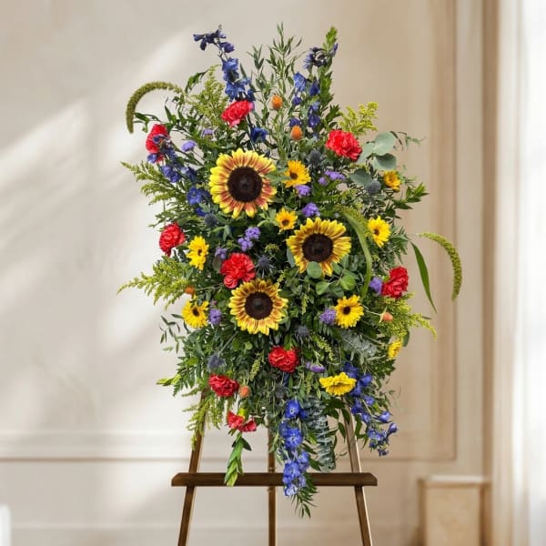 Tall mixed flower arrangement with sunflowers, red carnations, and blue blooms on an easel