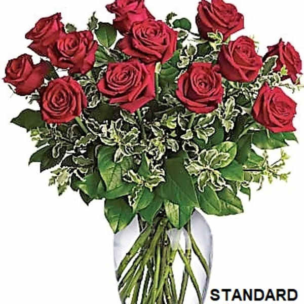 Arrangement of a dozen red roses with variegated foliage in a clear glass vase