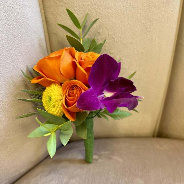 Small bouquet of orange roses, a yellow mum, and a purple orchid
