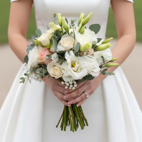 Bride holding a white bouquet with cream and pale pink roses