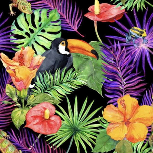 Tropical print with hibiscus flowers, toucans, frogs, and palm leaves on a black background