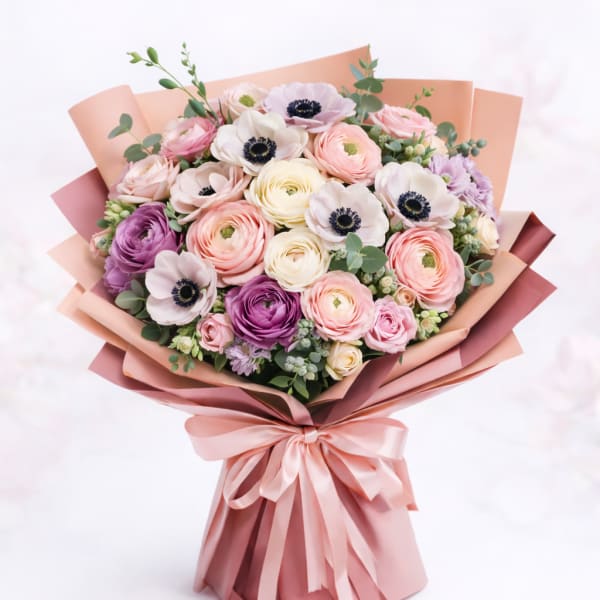 Bouquet of pastel flowers wrapped in pink paper with a satin ribbon